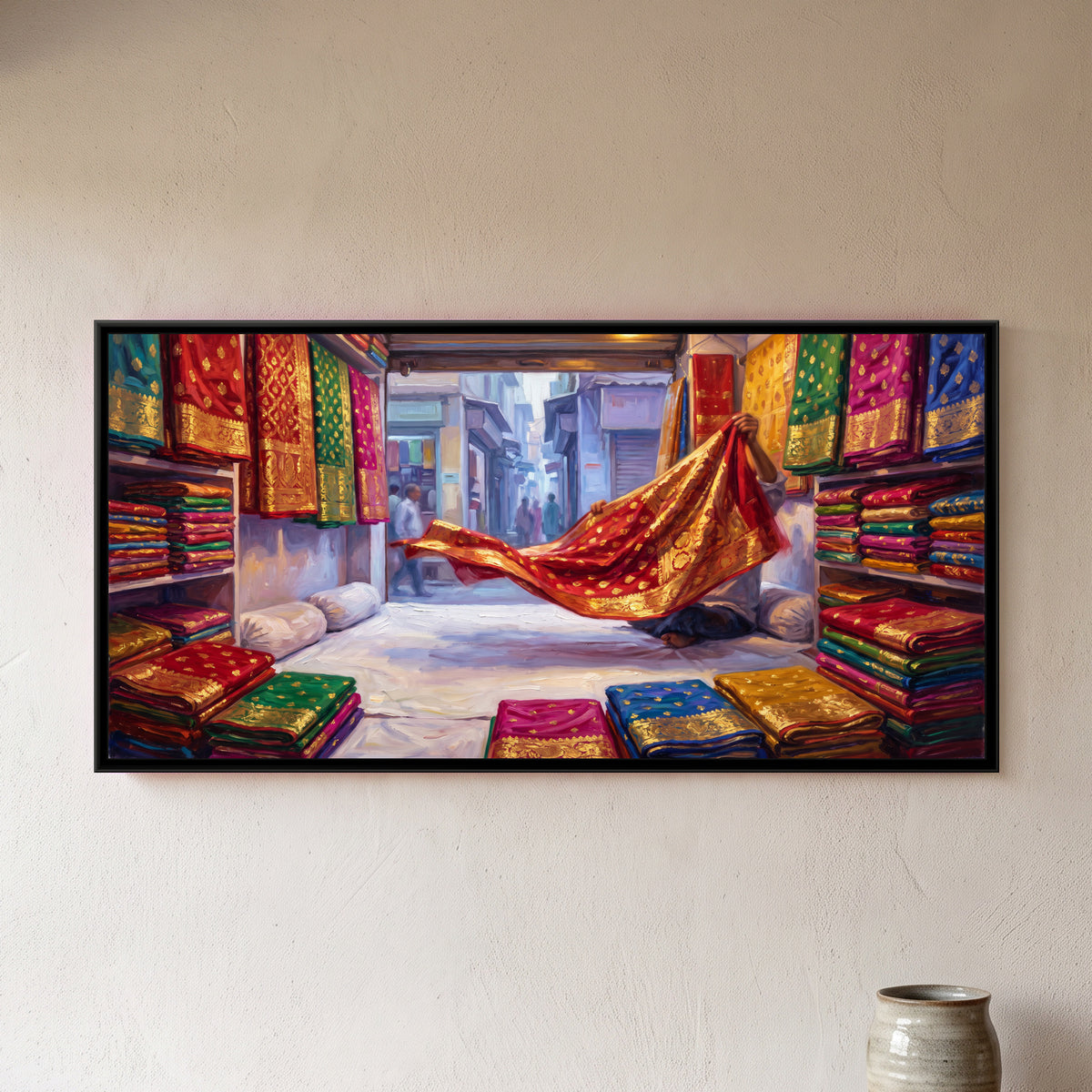 Banarasi Silks in Vishwanath Gali, framed canvas print on a wall