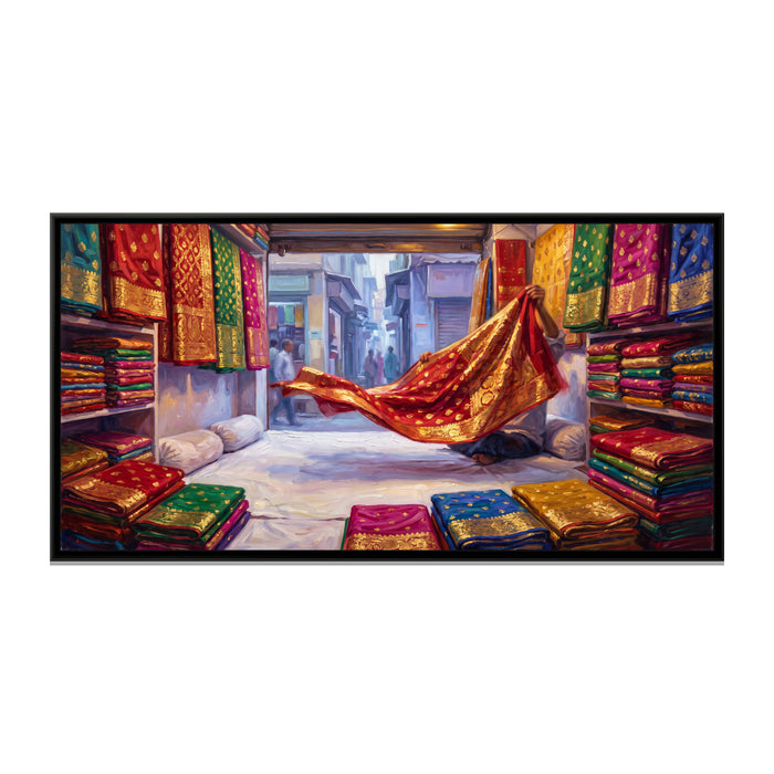 Banarasi Silks in Vishwanath Gali, canvas print in a floater frame on a plain white background
