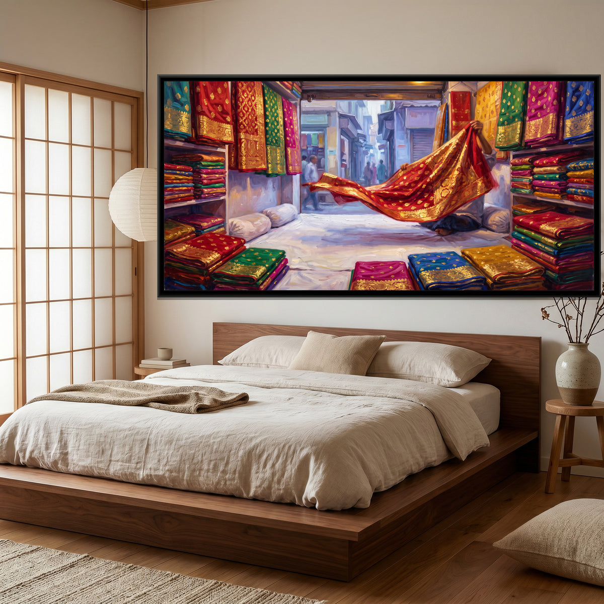 Banarasi Silks in Vishwanath Gali, canvas print shown in a second room