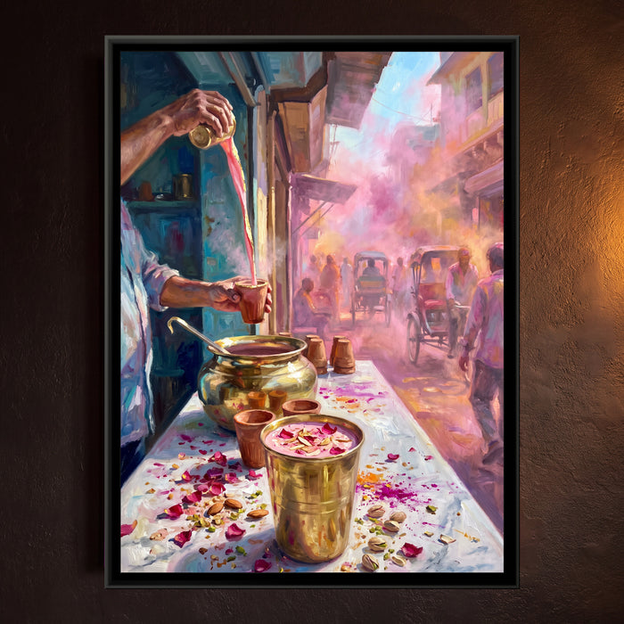 Thandai on a Holi Morning, Banaras, framed canvas print on a wall
