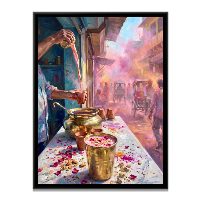 Thandai on a Holi Morning, Banaras, canvas print in a floater frame on a plain white background