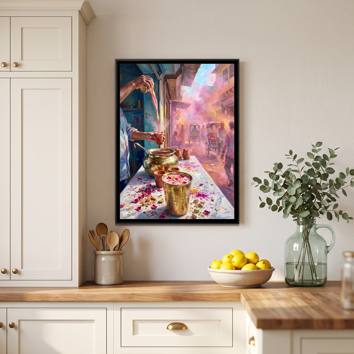 Thandai on a Holi Morning, Banaras, canvas print shown in a second room