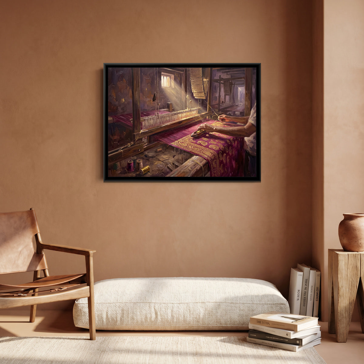 The Weaver's Loom in Madanpura, canvas print shown in a second room