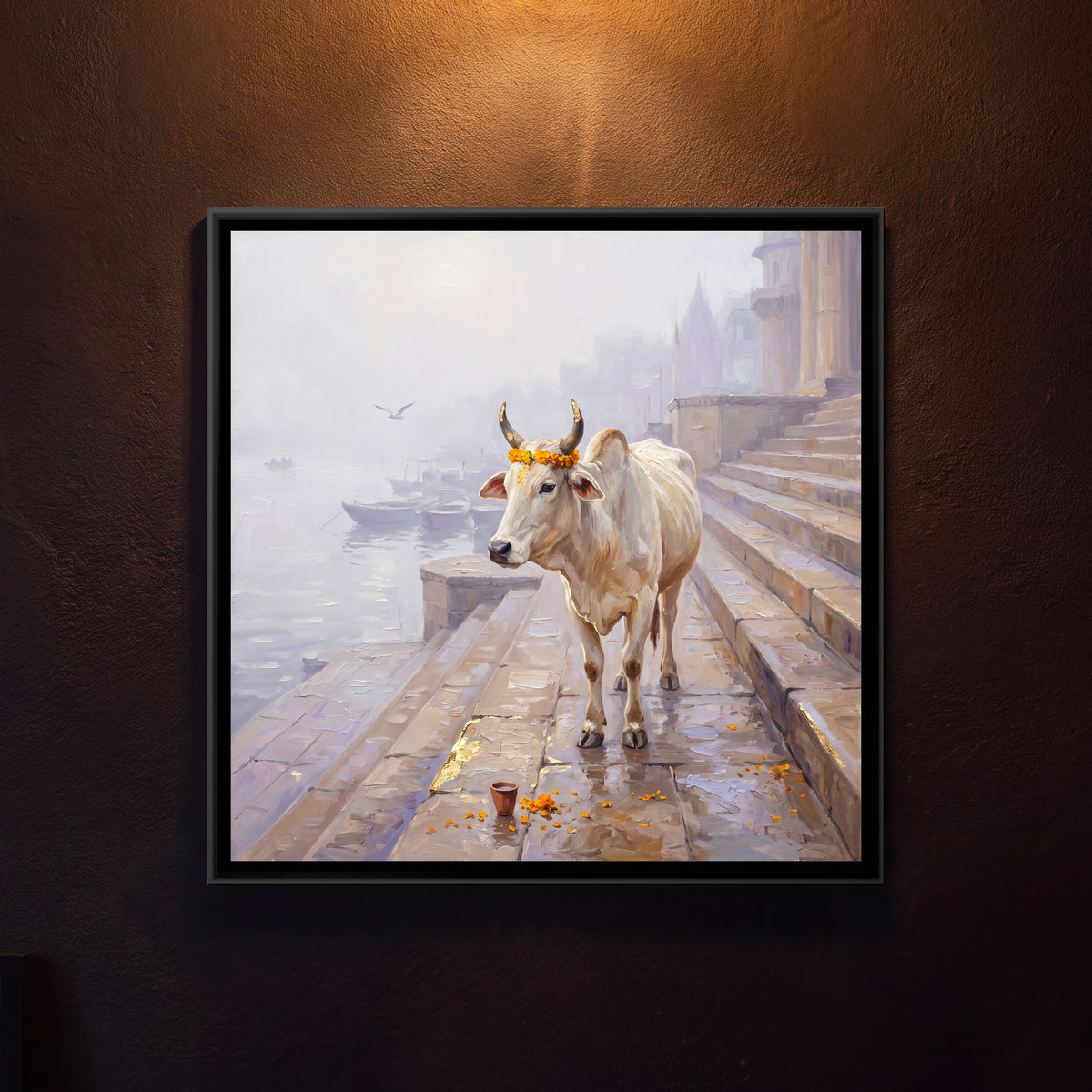 A Cow on the Ghat Steps in Winter Fog, framed canvas print on a wall