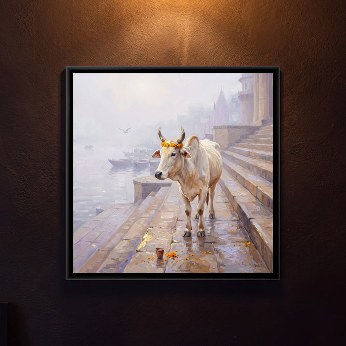 A Cow on the Ghat Steps in Winter Fog, framed canvas print on a wall