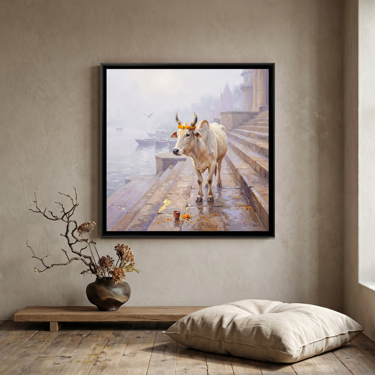 A Cow on the Ghat Steps in Winter Fog, canvas print shown in a room