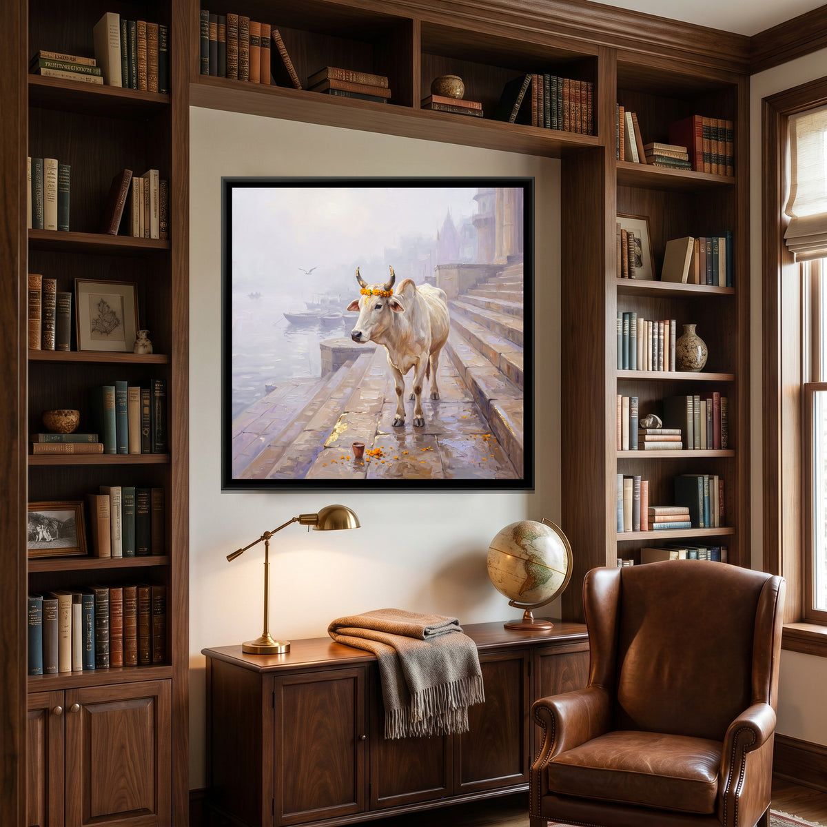 A Cow on the Ghat Steps in Winter Fog, canvas print shown in a second room