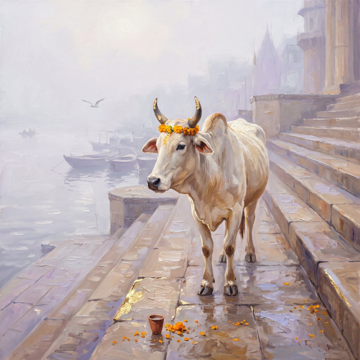 A Cow on the Ghat Steps in Winter Fog, the full artwork