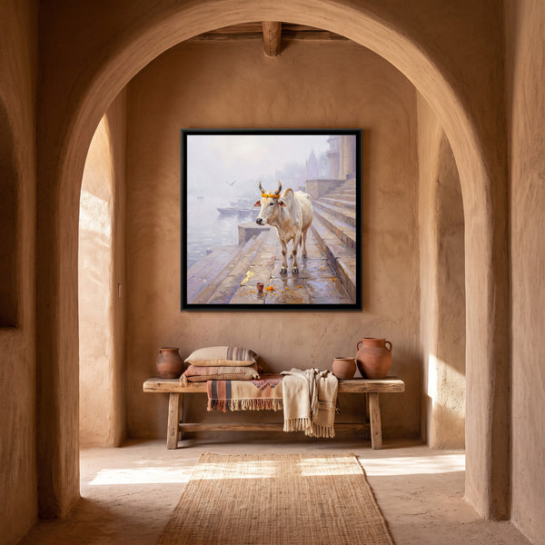 A Cow on the Ghat Steps in Winter Fog, canvas in a room