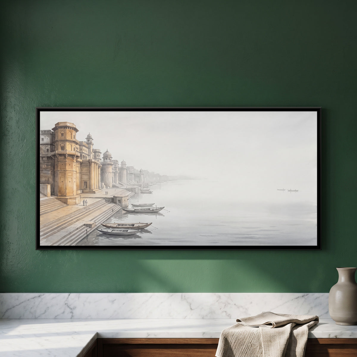 Misty Morning at the Palace Ghats, framed canvas print on a wall