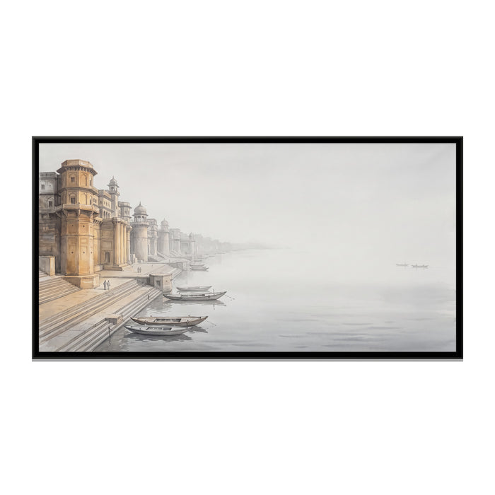Misty Morning at the Palace Ghats, canvas print in a floater frame on a plain white background