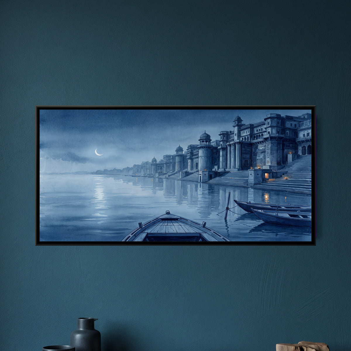 Moonlit Night on the Varanasi Ghats, framed canvas print on a wall