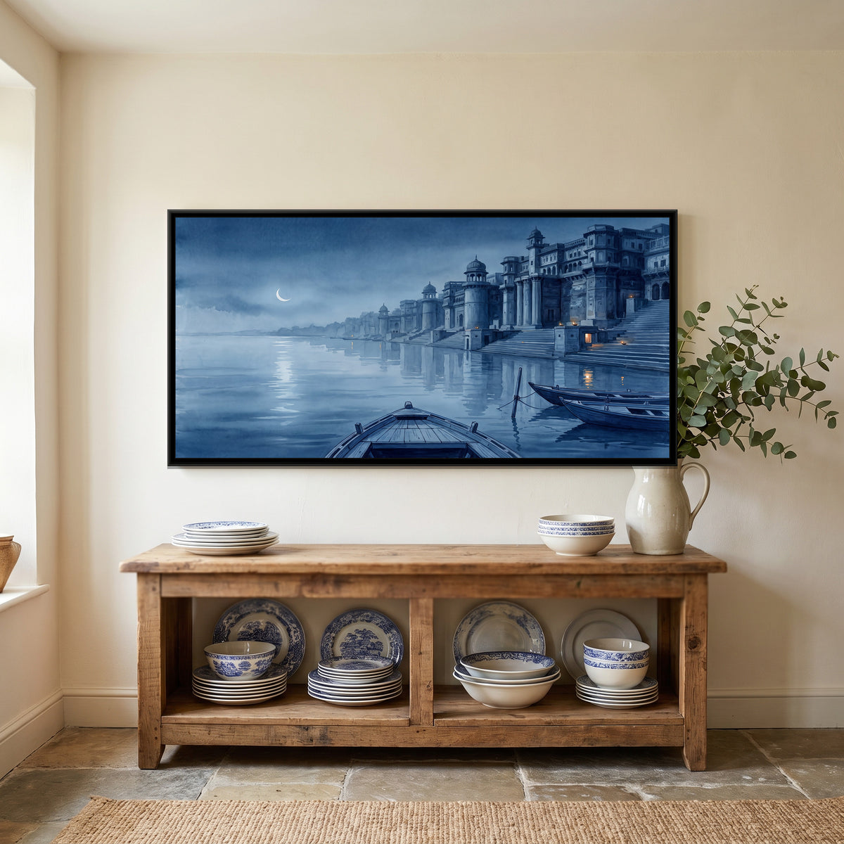 Moonlit Night on the Varanasi Ghats, canvas print shown in a second room