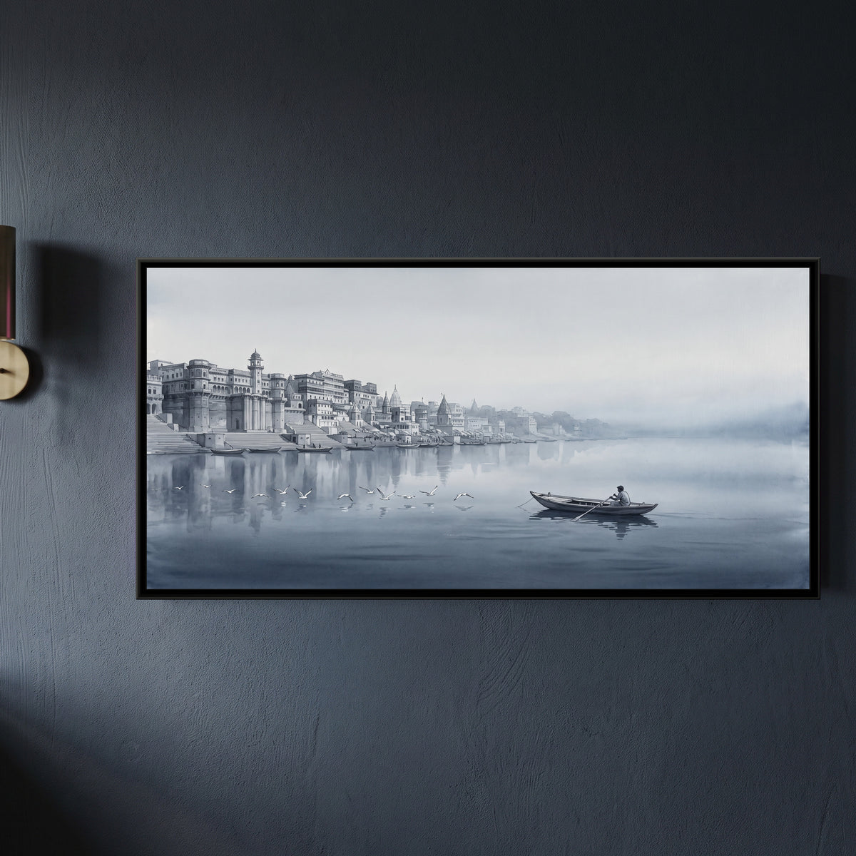 Boatman and Gulls in the Grey Dawn Mist, framed canvas print on a wall