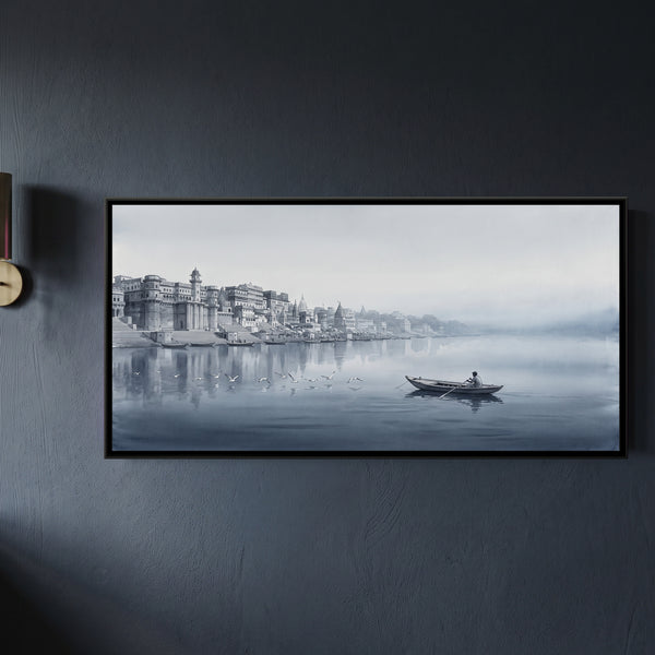 Boatman and Gulls in the Grey Dawn Mist, canvas in a room