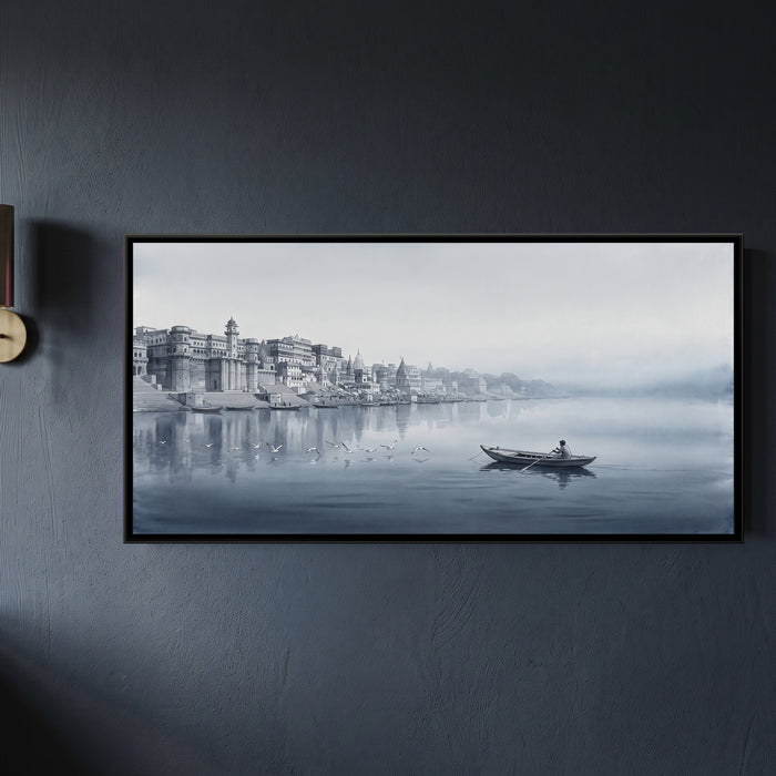Boatman and Gulls in the Grey Dawn Mist, canvas in a room