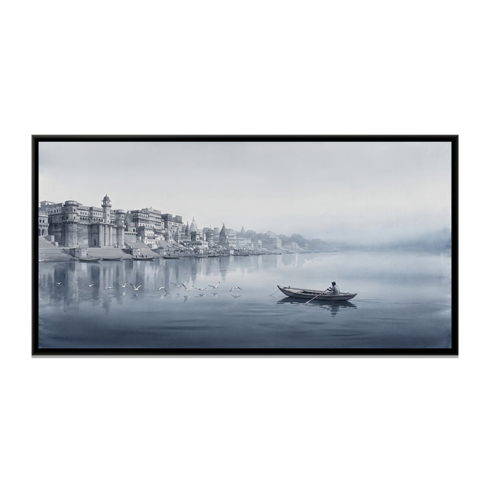 Boatman and Gulls in the Grey Dawn Mist, canvas print in a floater frame on a plain white background