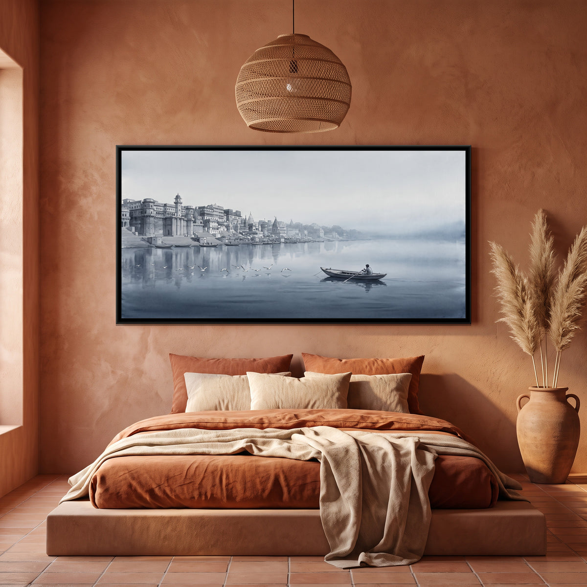 Boatman and Gulls in the Grey Dawn Mist, canvas print shown in a second room