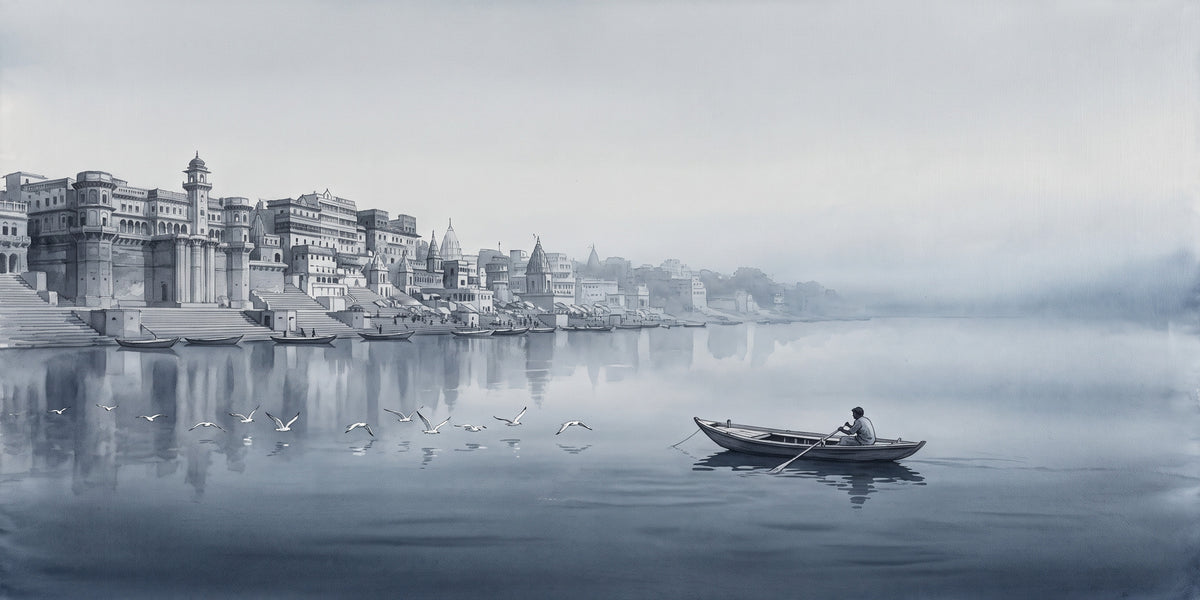Boatman and Gulls in the Grey Dawn Mist, the full artwork
