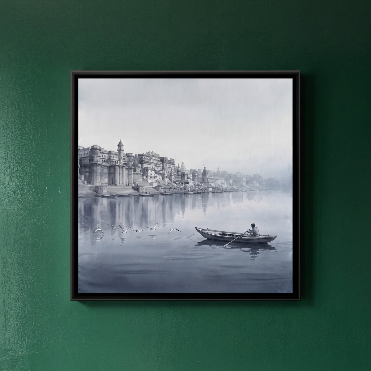 Boatman and Gulls in the Grey Dawn Mist, Square, framed canvas print on a wall