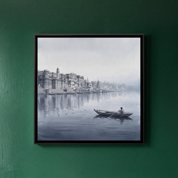Boatman and Gulls in the Grey Dawn Mist, Square, canvas in a room