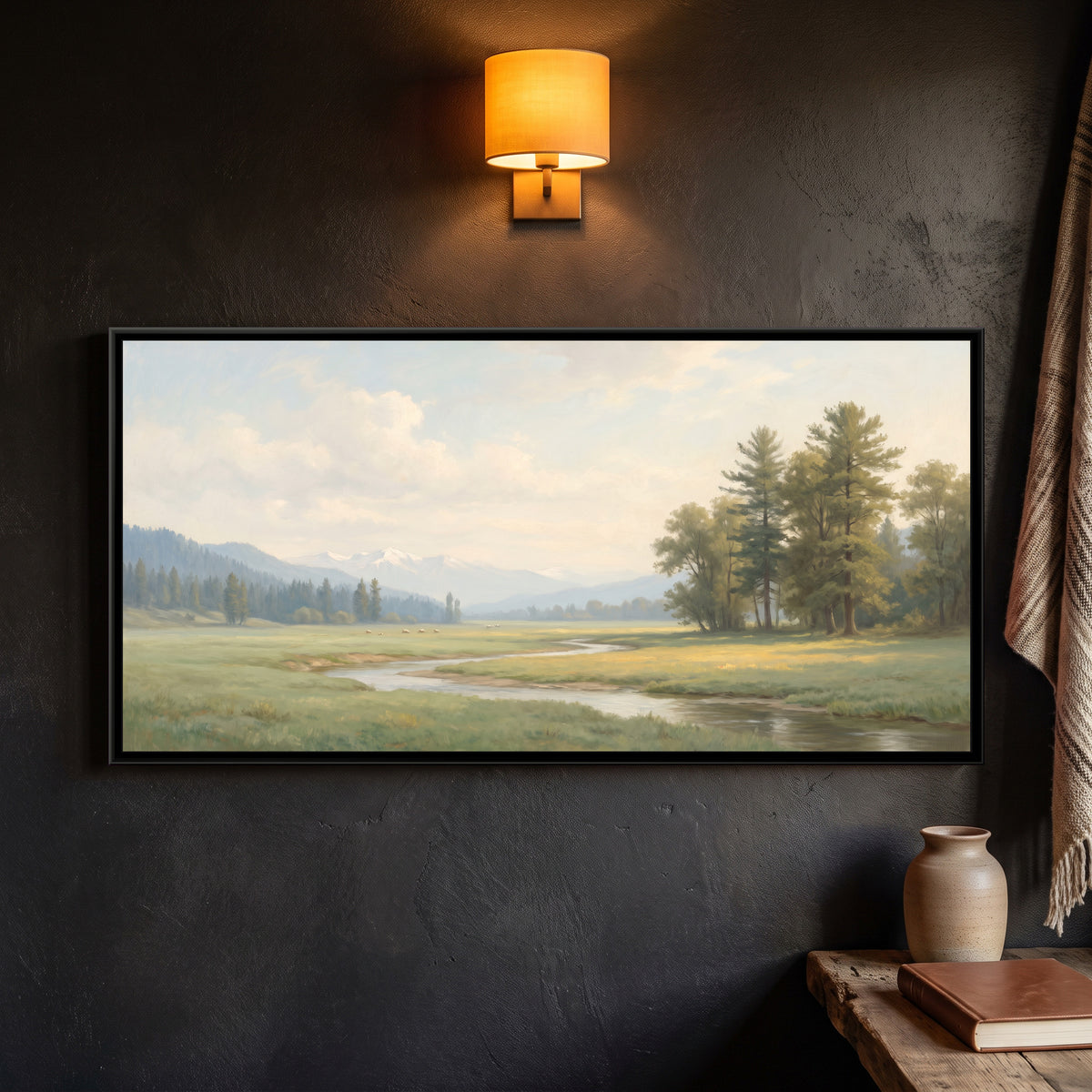 Spring Meadow and Stream near Pahalgam, framed canvas print on a wall
