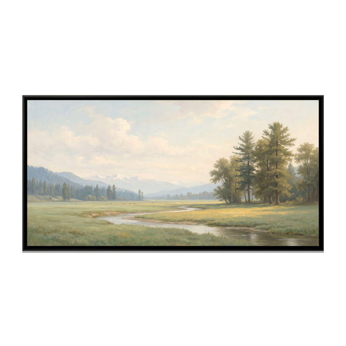 Spring Meadow and Stream near Pahalgam, canvas print in a floater frame on a plain white background