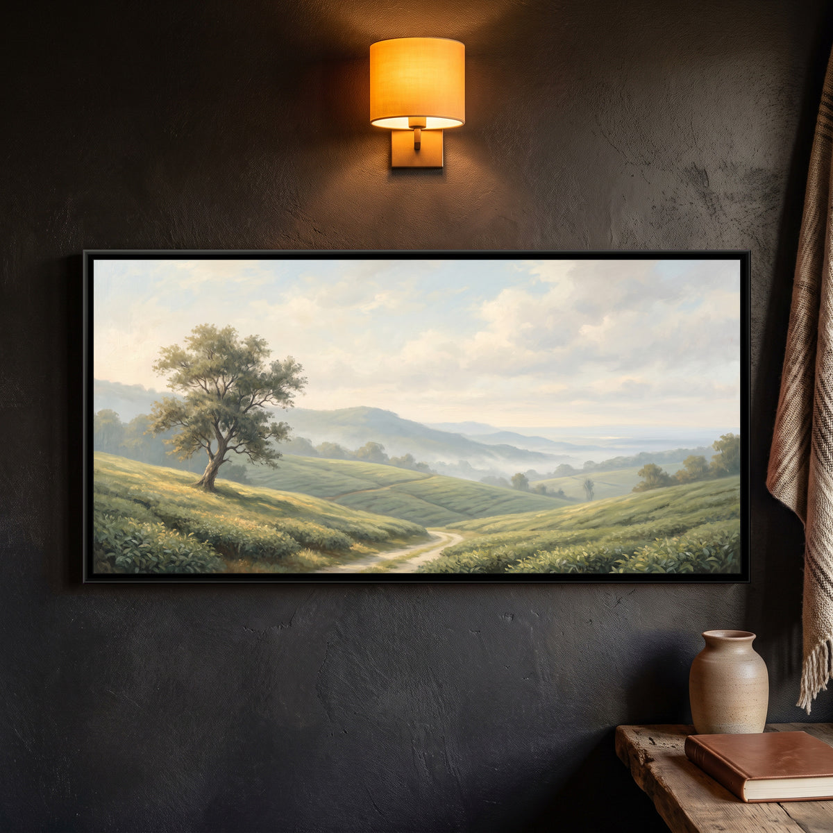 Morning Mist over the Munnar Tea Hills, framed canvas print on a wall