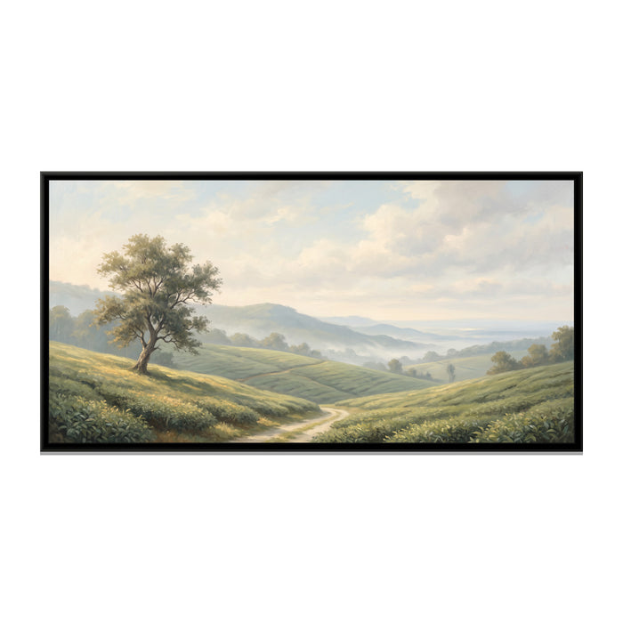 Morning Mist over the Munnar Tea Hills, canvas print in a floater frame on a plain white background