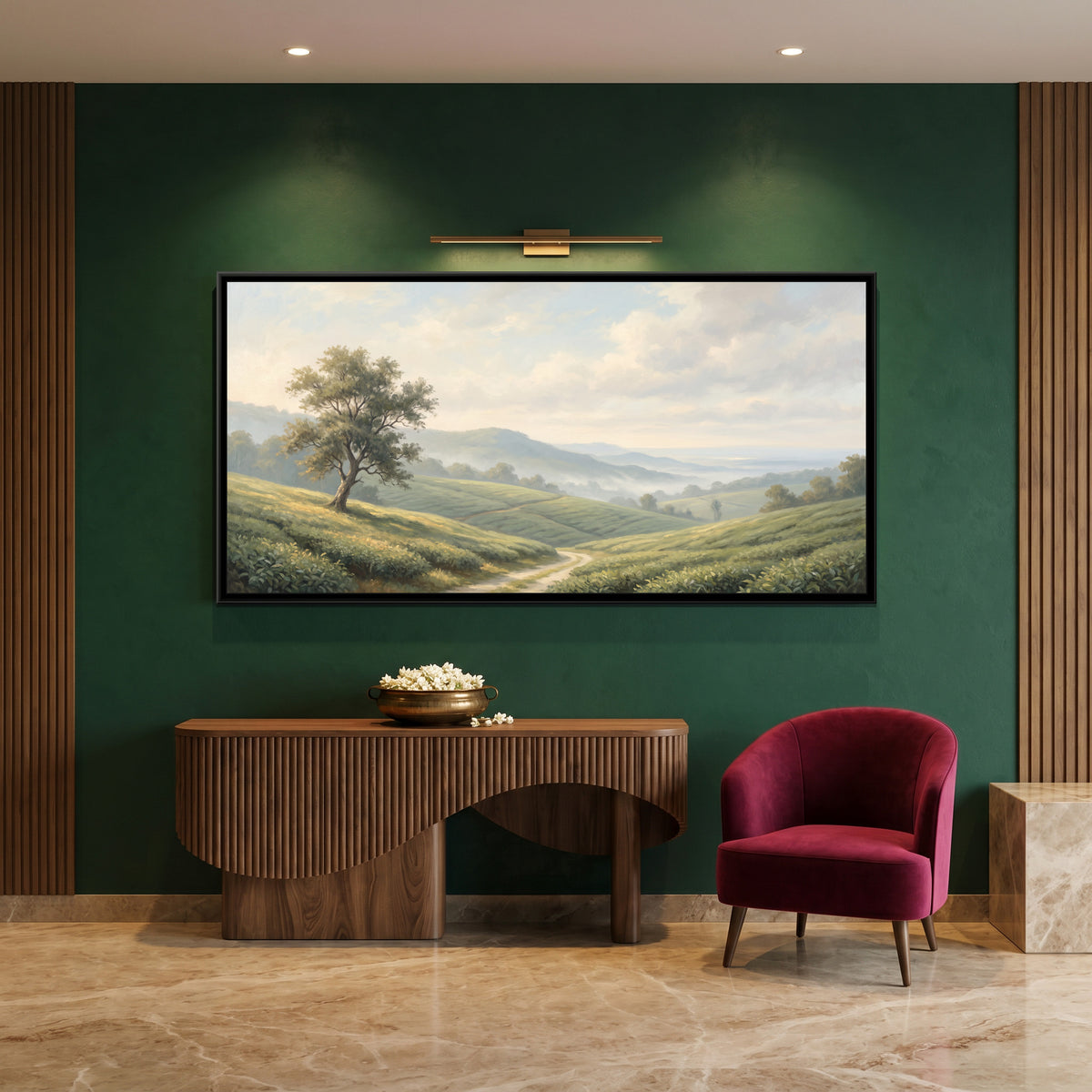 Morning Mist over the Munnar Tea Hills, canvas print shown in a room