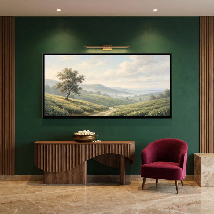 Morning Mist over the Munnar Tea Hills, canvas print shown in a room