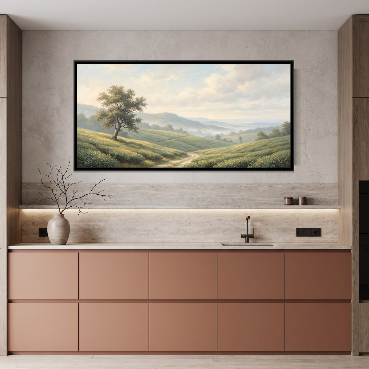 Morning Mist over the Munnar Tea Hills, canvas print shown in a second room