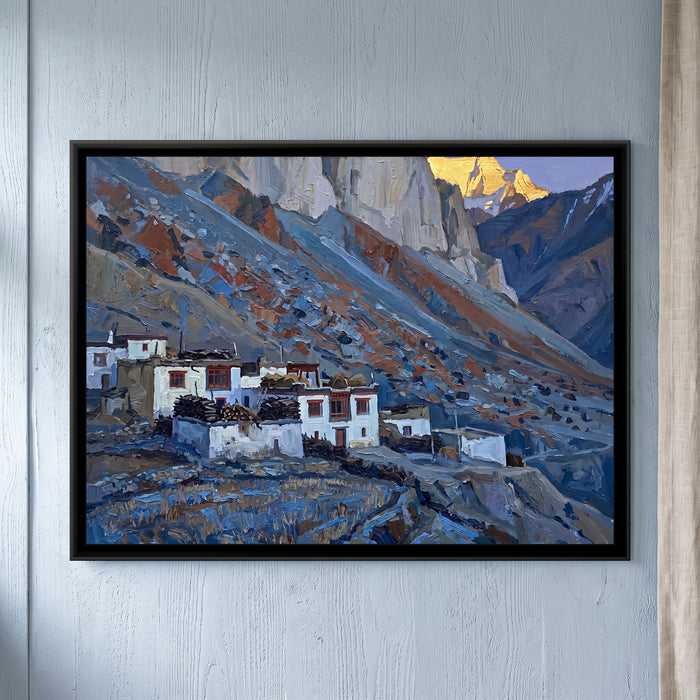 Whitewashed Spiti Village at Dusk, framed canvas print on a wall
