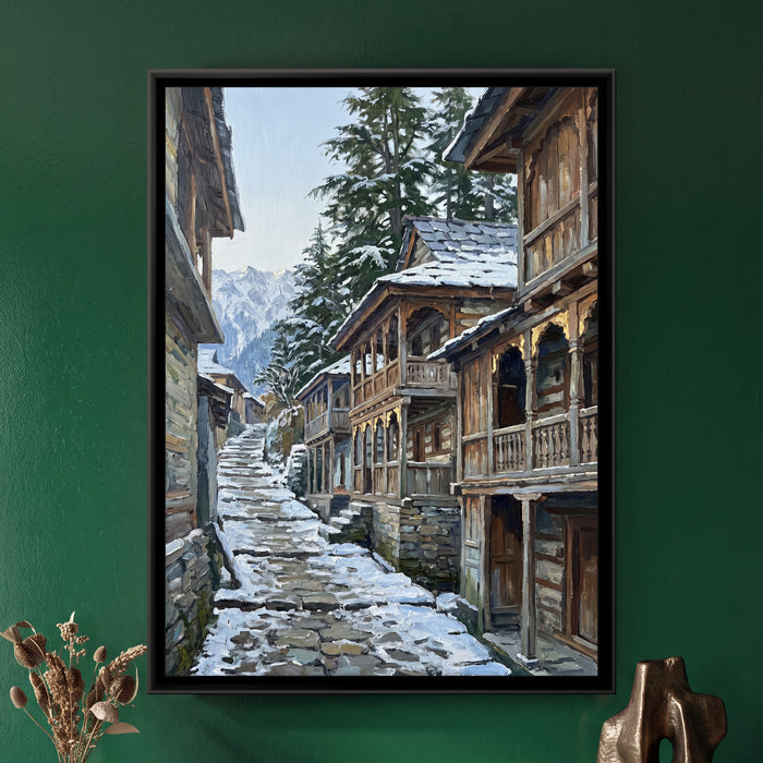 Wooden Balconies of an Old Hill Town, framed canvas print on a wall