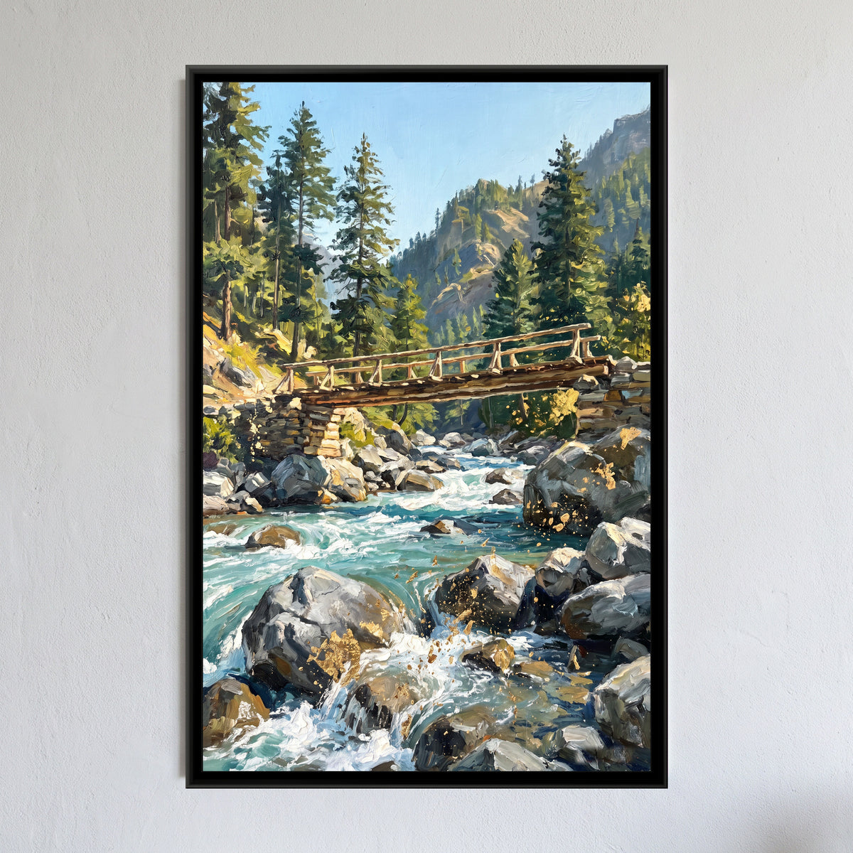 Wooden Bridge over the Parvati River, framed canvas print on a wall