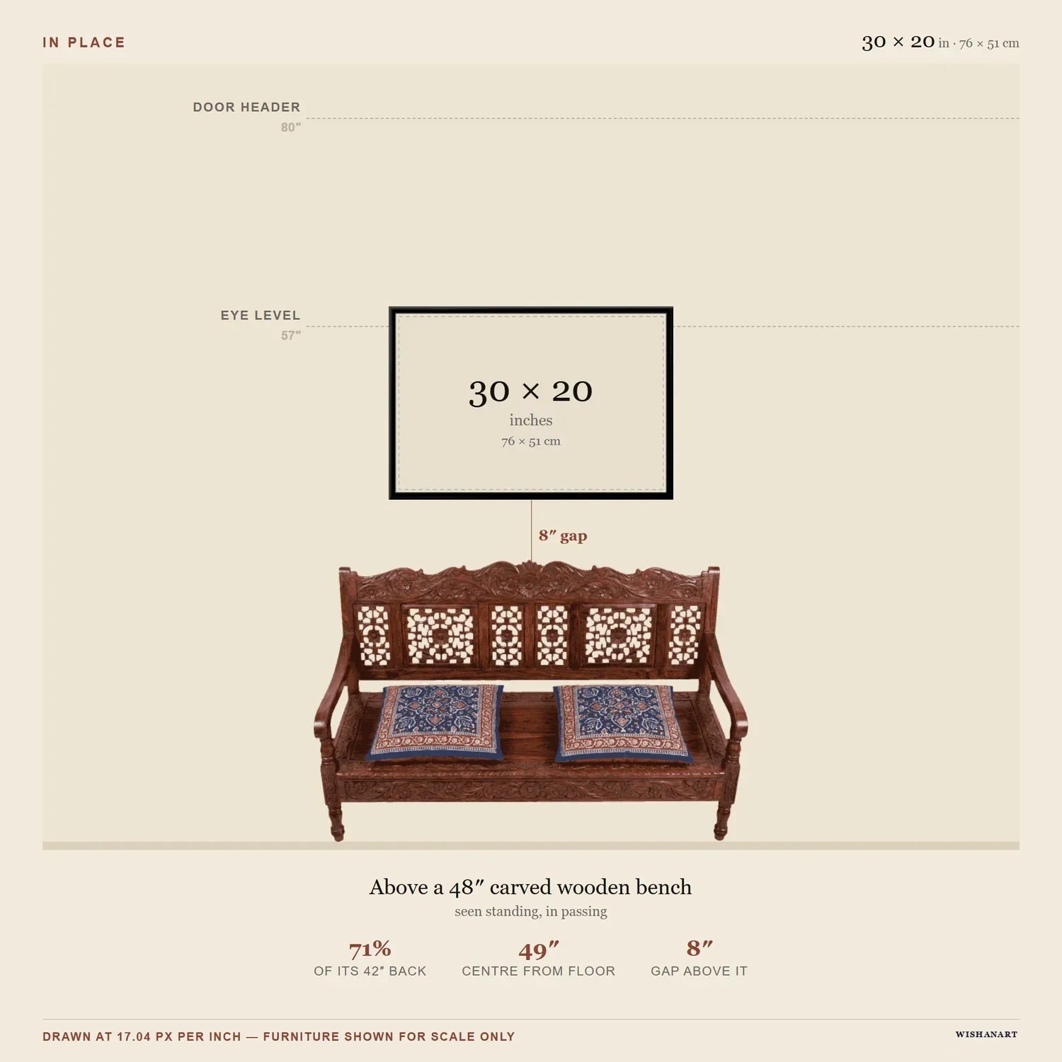30 by 20 inch canvas above a carved wooden bench